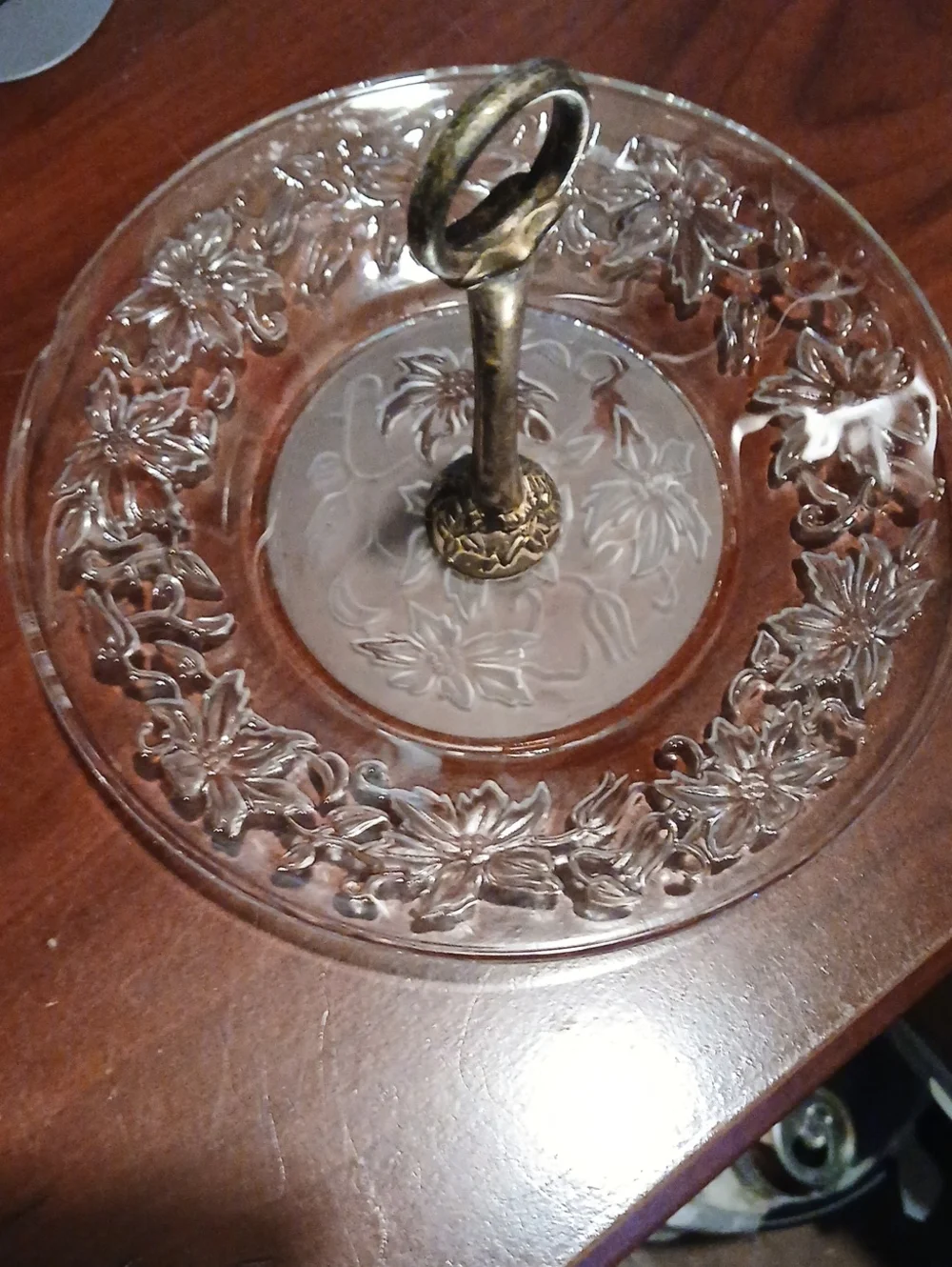 Glass Floral Two-Tier Server with Brass Handle - Clear